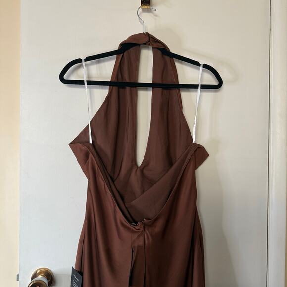 Lulus Satin Halter Midi Dress Brown Sz L NWT | Open Back Wedding Guest Gown - Picture 4 of 16